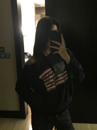 Vintage American Print Oversized One-Shoulder Sweatshirt