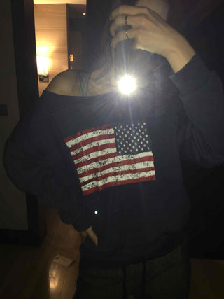 Vintage American Print Oversized One-Shoulder Sweatshirt