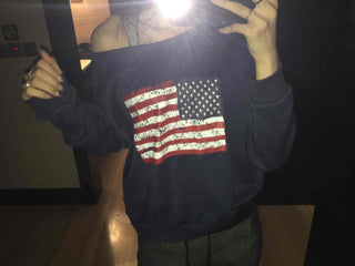 Vintage American Print Oversized One-Shoulder Sweatshirt