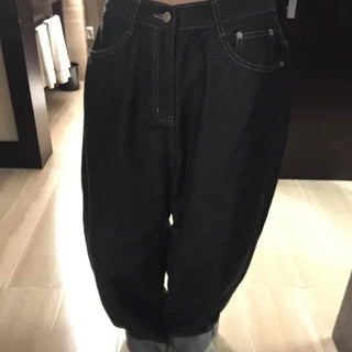 Low High-Waist Loose Fit Denim Pants with Stitch Details