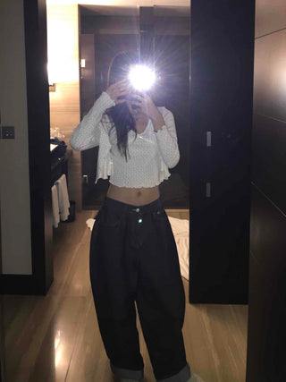 Low High-Waist Loose Fit Denim Pants with Stitch Details