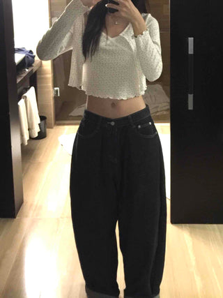 Low High-Waist Loose Fit Denim Pants with Stitch Details