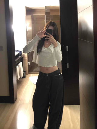 Low High-Waist Loose Fit Denim Pants with Stitch Details
