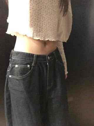 Low High-Waist Loose Fit Denim Pants with Stitch Details