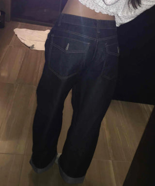 Low High-Waist Loose Fit Denim Pants with Stitch Details