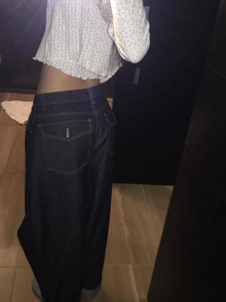 Low High-Waist Loose Fit Denim Pants with Stitch Details