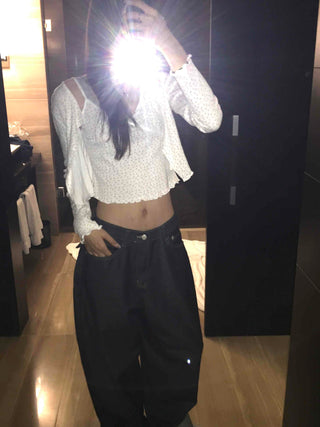 Low High-Waist Loose Fit Denim Pants with Stitch Details