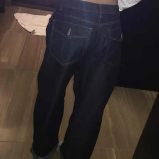 Low High-Waist Loose Fit Denim Pants with Stitch Details