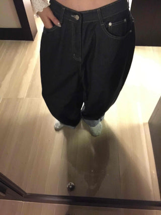 Low High-Waist Loose Fit Denim Pants with Stitch Details