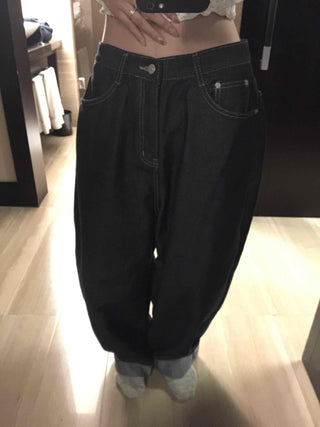 Low High-Waist Loose Fit Denim Pants with Stitch Details