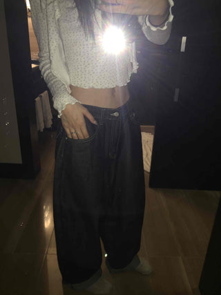 Low High-Waist Loose Fit Denim Pants with Stitch Details