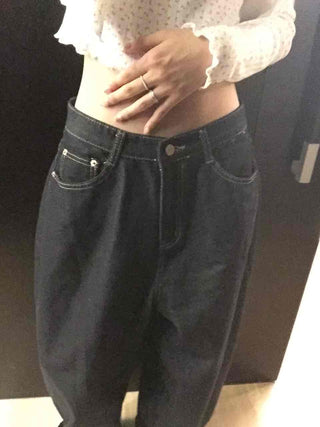 Low High-Waist Loose Fit Denim Pants with Stitch Details