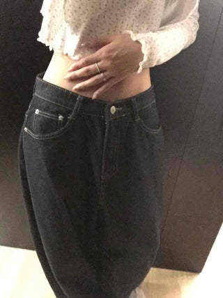 Low High-Waist Loose Fit Denim Pants with Stitch Details