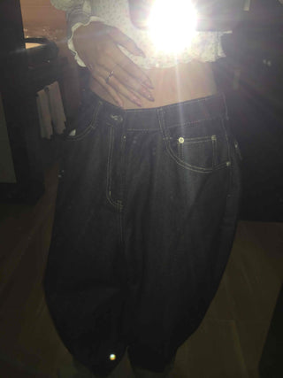 Low High-Waist Loose Fit Denim Pants with Stitch Details