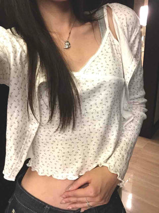 Delicate Fit Dot See-through Frill V-Neck Crop Two-Piece