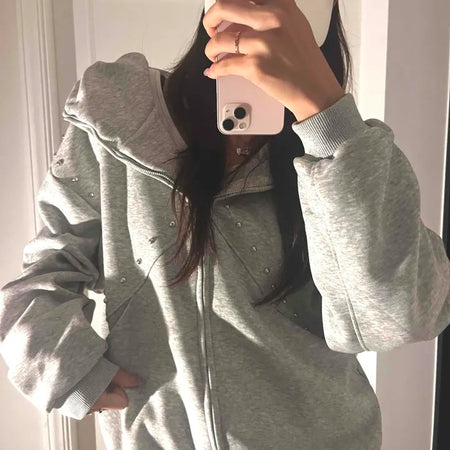 Minimal Side Punching Detail Cotton Zip-Up Hoodie
