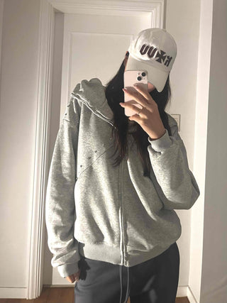 Minimal Side Punching Detail Cotton Zip-Up Hoodie