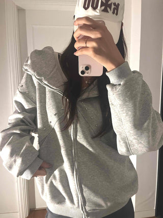 Minimal Side Punching Detail Cotton Zip-Up Hoodie