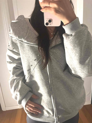 Minimal Side Punching Detail Cotton Zip-Up Hoodie