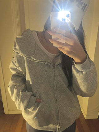Minimal Side Punching Detail Cotton Zip-Up Hoodie