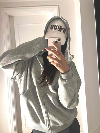 Minimal Side Punching Detail Cotton Zip-Up Hoodie