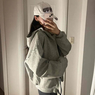 Minimal Side Punching Detail Cotton Zip-Up Hoodie