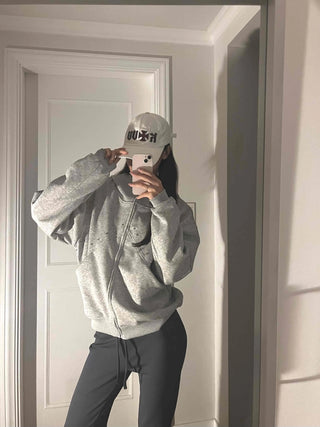 Minimal Side Punching Detail Cotton Zip-Up Hoodie