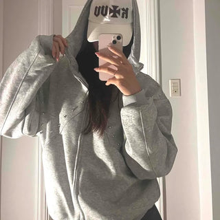 Minimal Side Punching Detail Cotton Zip-Up Hoodie