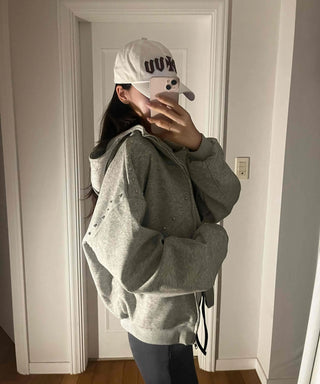 Minimal Side Punching Detail Cotton Zip-Up Hoodie