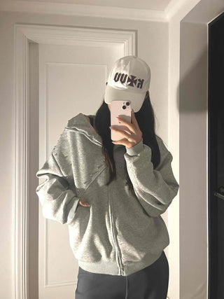 Minimal Side Punching Detail Cotton Zip-Up Hoodie