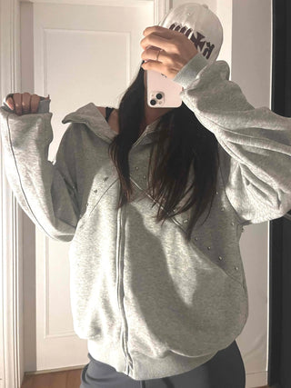 Minimal Side Punching Detail Cotton Zip-Up Hoodie