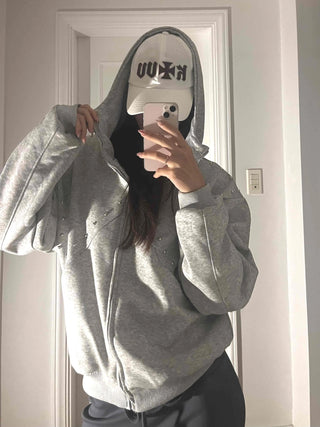 Minimal Side Punching Detail Cotton Zip-Up Hoodie