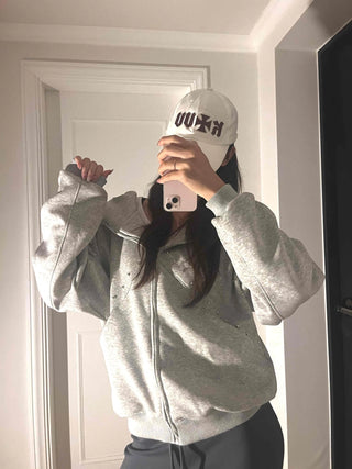 Minimal Side Punching Detail Cotton Zip-Up Hoodie