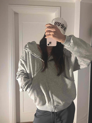 Minimal Side Punching Detail Cotton Zip-Up Hoodie
