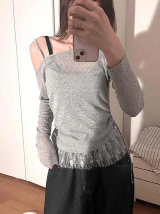Delicate Fit Off-Shoulder Fringe Slim Knit