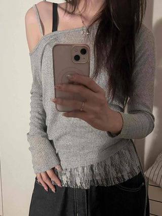 Delicate Fit Off-Shoulder Fringe Slim Knit