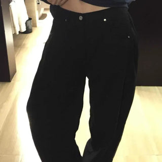 High-waisted Semi-balloon Denim Long Pants with Buckle Details