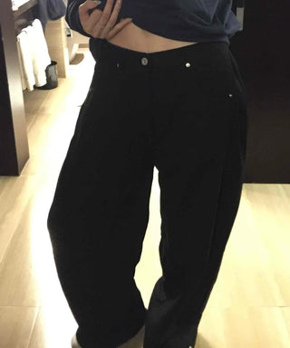 High-waisted Semi-balloon Denim Long Pants with Buckle Details