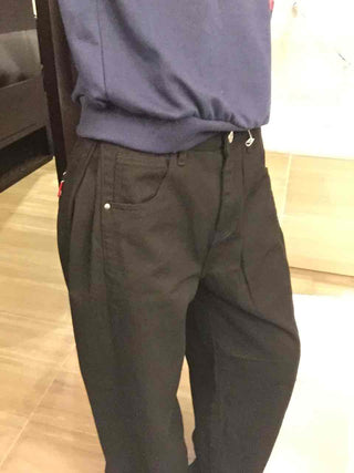 High-waisted Semi-balloon Denim Long Pants with Buckle Details
