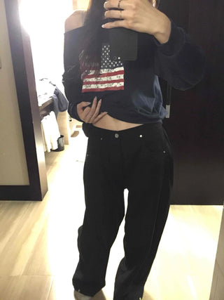 High-waisted Semi-balloon Denim Long Pants with Buckle Details