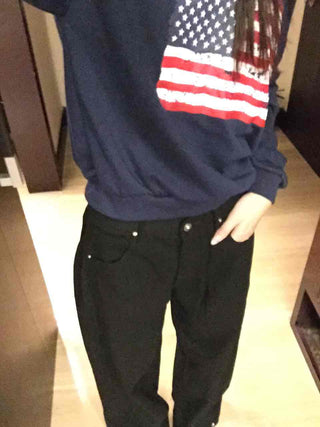 High-waisted Semi-balloon Denim Long Pants with Buckle Details