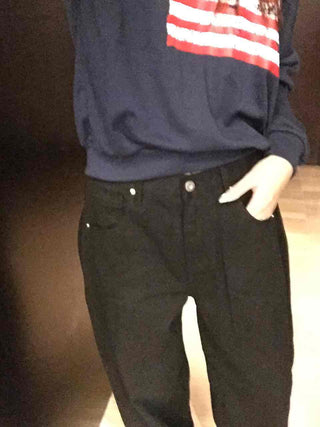 High-waisted Semi-balloon Denim Long Pants with Buckle Details