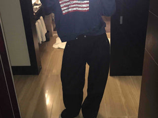 High-waisted Semi-balloon Denim Long Pants with Buckle Details