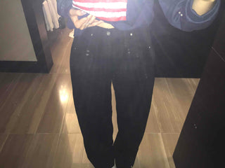 High-waisted Semi-balloon Denim Long Pants with Buckle Details