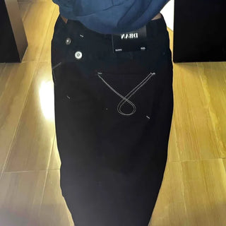 High-waisted Semi-balloon Denim Long Pants with Buckle Details