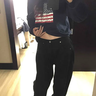 High-waisted Semi-balloon Denim Long Pants with Buckle Details