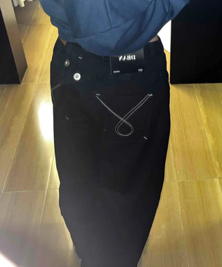 High-waisted Semi-balloon Denim Long Pants with Buckle Details