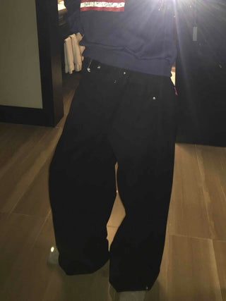 High-waisted Semi-balloon Denim Long Pants with Buckle Details