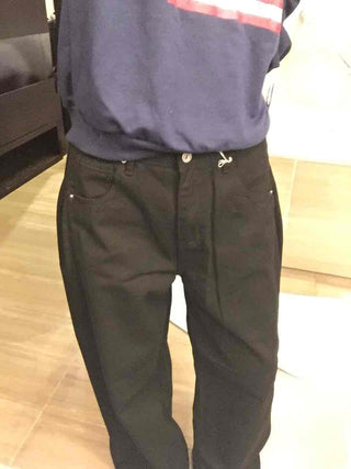 High-waisted Semi-balloon Denim Long Pants with Buckle Details
