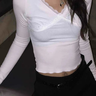 Delicate Fit Asymmetrical Lace Slit V-Neck Cropped Long Sleeve Tee